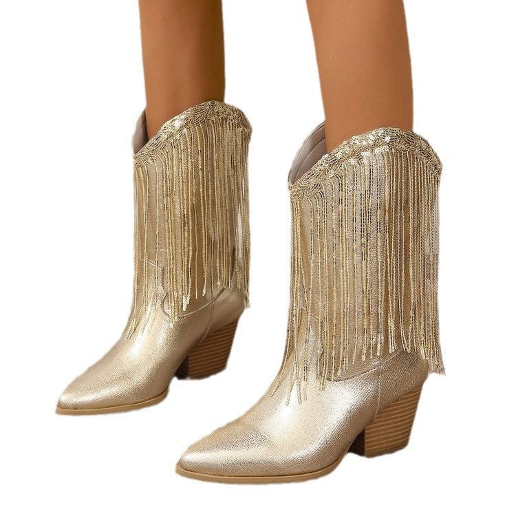 Women Vintage Chunky Heel Wrinkled Slip-on V-Opening Western Cowboy Boots